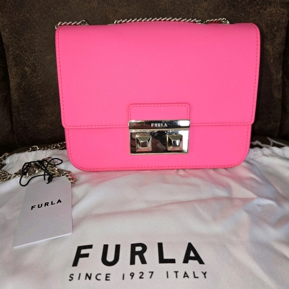 Furla Mini Bella Crossbody Bag Neon Pink Leather w/ Chain Strap